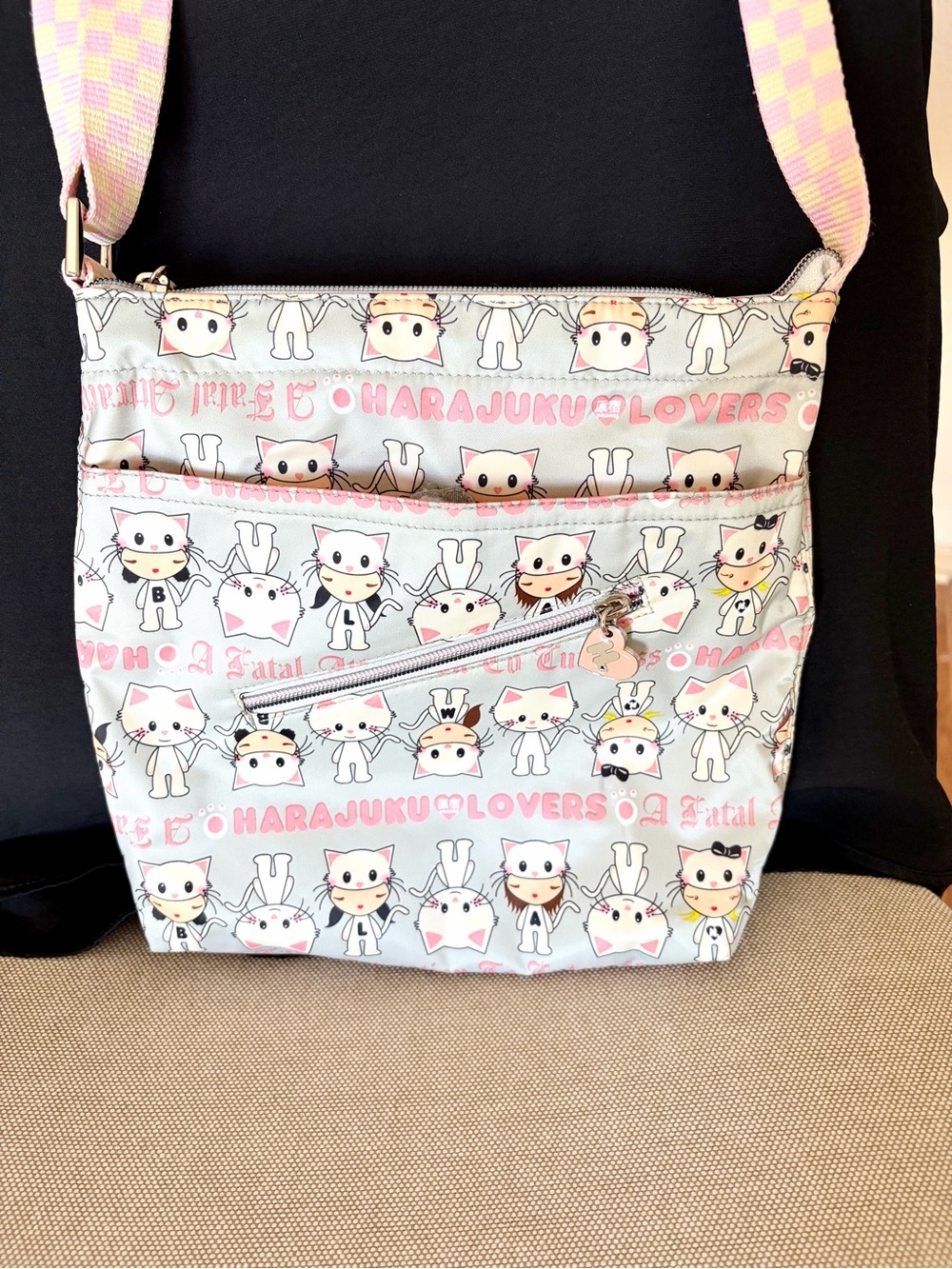 Harajuku Lovers Grey Pink Cat Costume Pattern Crossbody Bag Fatal obsession